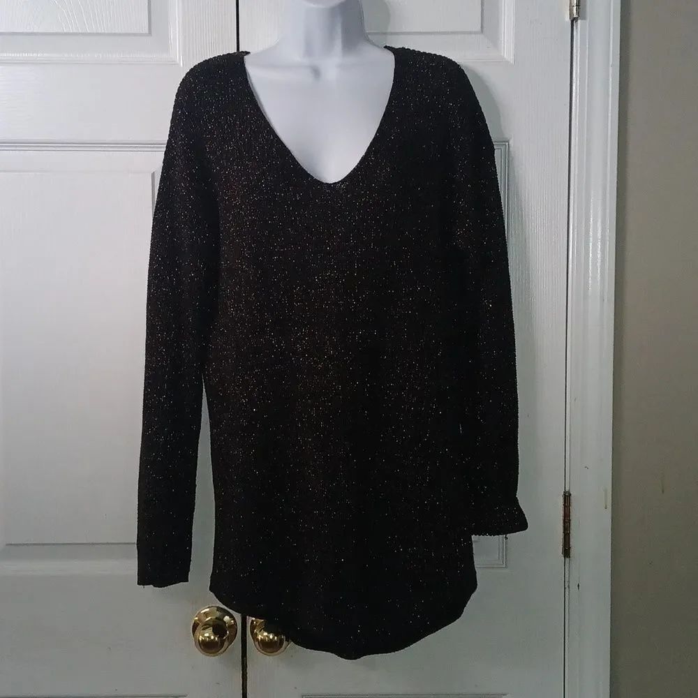 a.n.a. black gold metallic lightweight tunic sweater holiday party Sz L NWOT
